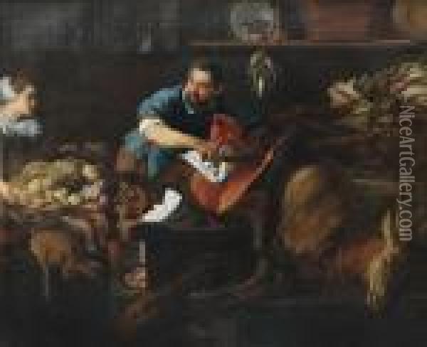 Keukentafereel Met Slager 
Eeneverzwijn Slachtend Met Hert, Wild, Groenten En Een Jonge Vrouw 
Metfruitmand. Oil Painting - Adriaen van Utrecht