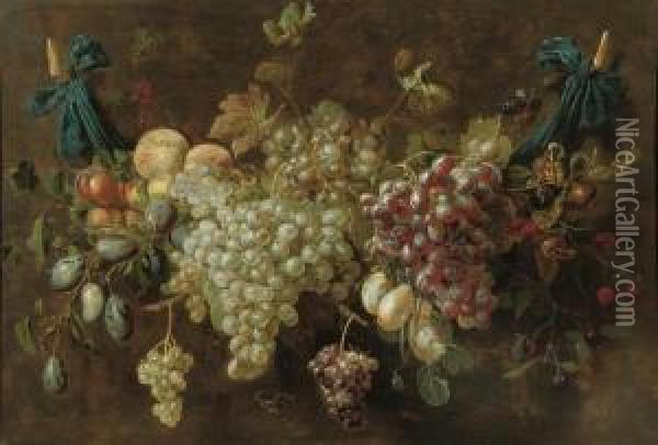 A Garland Of White And Black 
Grapes, Plums, Peaches, Cherries Andother Fruit, Tied To The Wall With 
Blue Ribbons Oil Painting - Adriaen van Utrecht