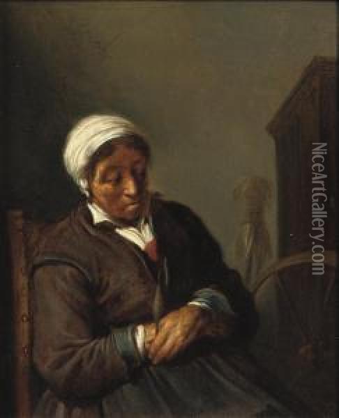 An Old Woman At A Spinning Wheel Oil Painting - Adriaen van Utrecht