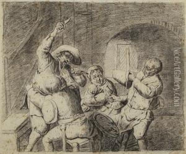 Peasants Fighting In A Tavern Oil Painting - Adriaen van Utrecht