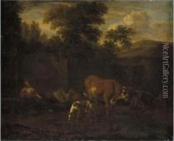 Shepherdess With Her Flock Near A Riverbank Oil Painting - Adriaen van Utrecht