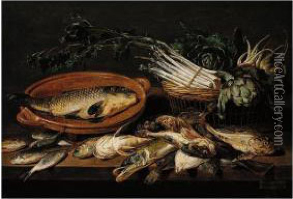 A Still Life Of Artichokes, 
Asparagus, Radishes, And Turnips In A Wicker Basket, With A Carp In A 
Terracotta Dish, Together With Salt- And Fresh-water Fish, All Arranged 
Upon A Table-top Oil Painting - Adriaen van Utrecht