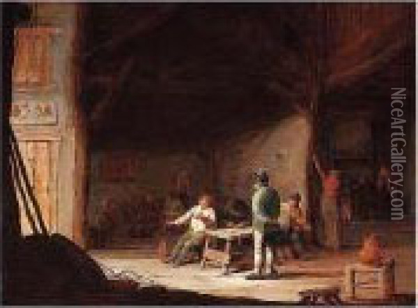 Tavern Interior With Peasants Playing Music Oil Painting - Adriaen van Utrecht