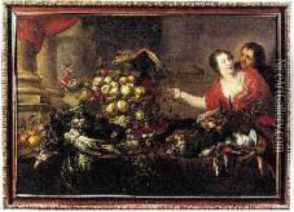Couple Pres D'une Table Garnie De Legumes,fruits Et Gibiers Oil Painting - Adriaen van Utrecht