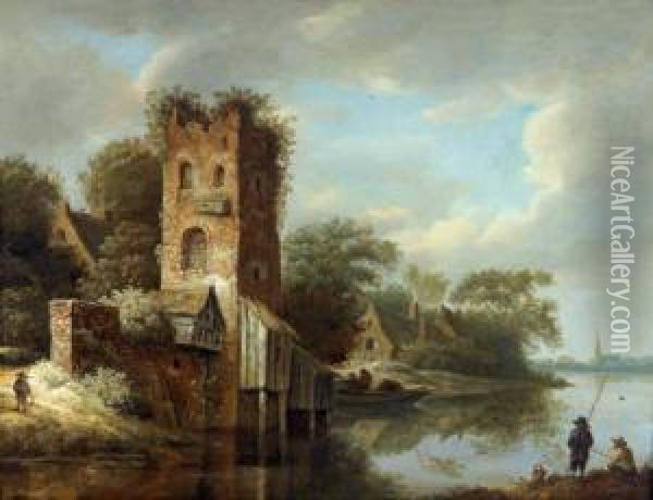 Paesaggio Fluviale Olandese Con Una Torre In Rovina E Pescatori Oil Painting - Roelof van Vries