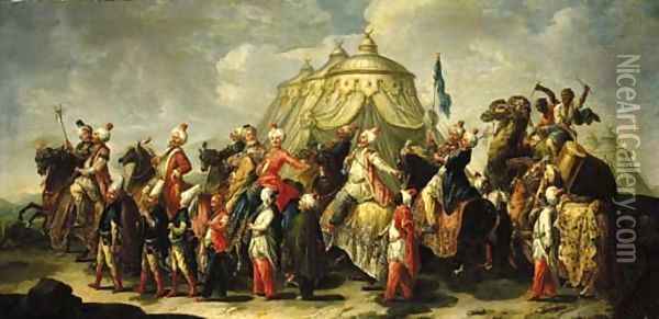 A triumphal procession of men in turban and oriental clothes Oil Painting - Francesco Fontebasso