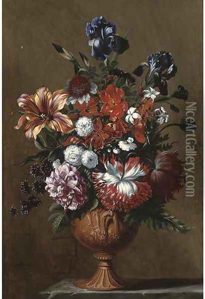 Irises, a tulip, a rose, jasmine and other flowers Oil Painting - Jean Baptiste Belin de Fontenay