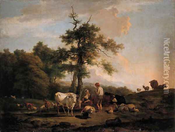 A cowherd and a shepherdess on a riverbank, in a Italianate landscape Oil Painting - Nicolas Henri Joseph De Fassin