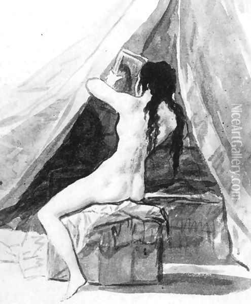 Nude Woman Holding a Mirror 2 Oil Painting - Francisco De Goya y Lucientes
