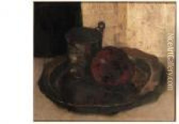 An Apple And A Pot With Glue On A Pewter Plate Oil Painting - Floris Verster