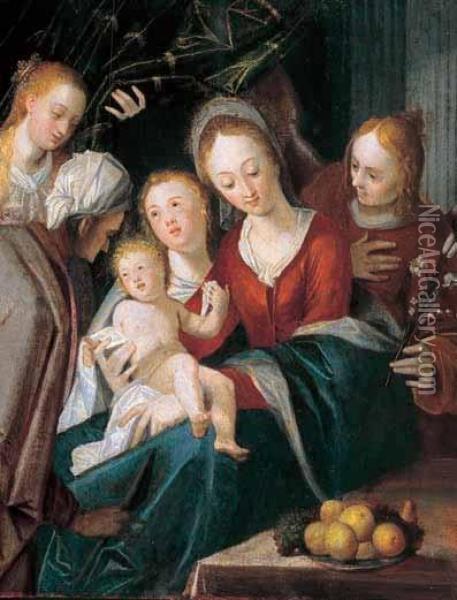 La Vergine Con Bambino, Sant'anna, Santa Caterina, E Angeli Oil Painting - Hans Von Aachen