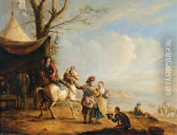 Cavalieri In Sosta Con Una Vivandiera Oil Painting - Carel van Falens or Valens