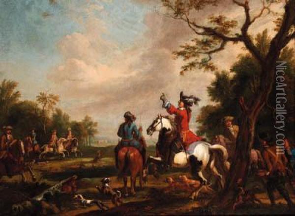 A Hawking Party In A Landscape Oil Painting - Carel van Falens or Valens