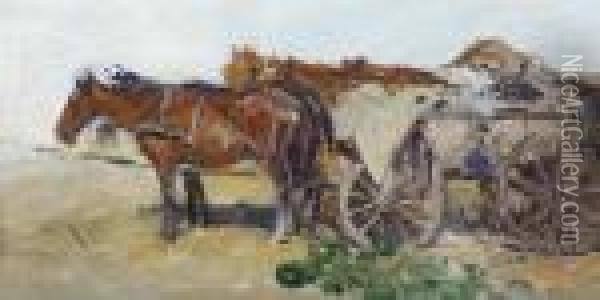 Horse And Cart At Market Oil Painting - August Xaver Karl von Pettenkofen