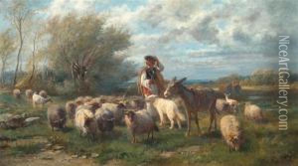 Oil painting male portrait shepherd with sheep by the sunset river Hand painted 
