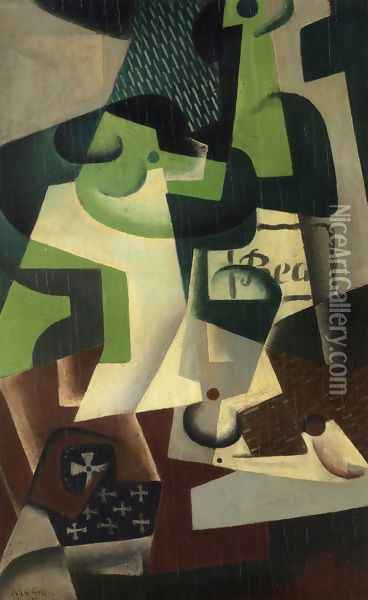 Bottle of Beaune and a Fruit Dish Oil Painting - Juan Gris