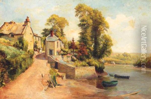 Figures In A Village Street With A River Beyond Oil Painting - Alexander Young