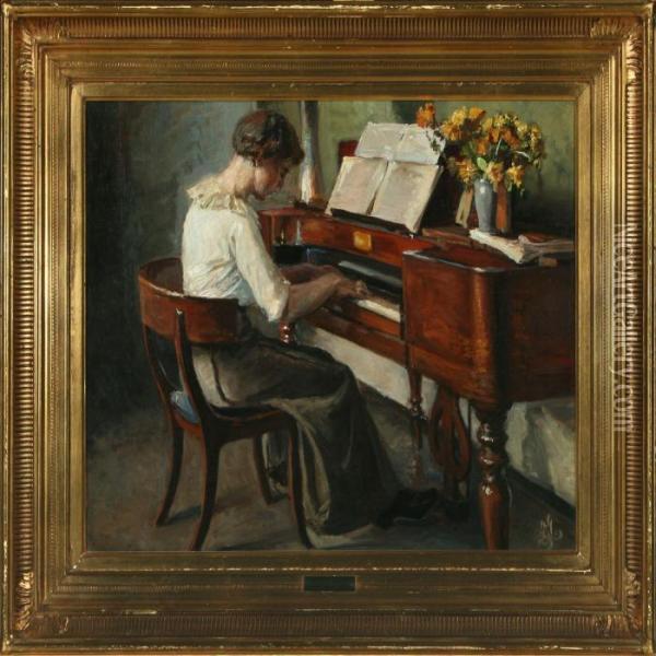 Interior With Awoman At The Piano Oil Painting - Kristian Zahrtmann