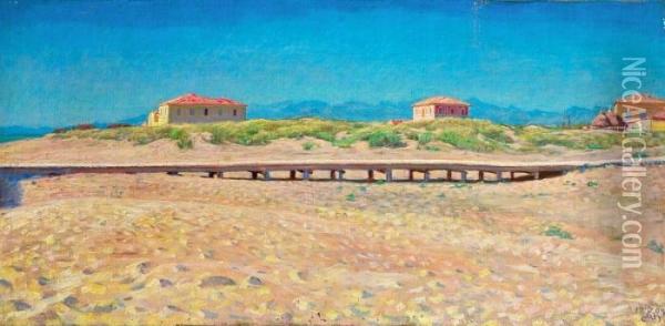 Houses On The Beach, In The Background Mountains. Signed Monogram 1893 Oil Painting - Kristian Zahrtmann