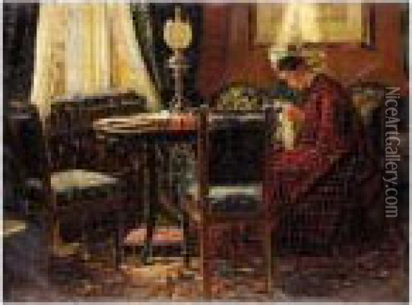 Lady Knitting In A Interior Oil Painting - Kristian Zahrtmann