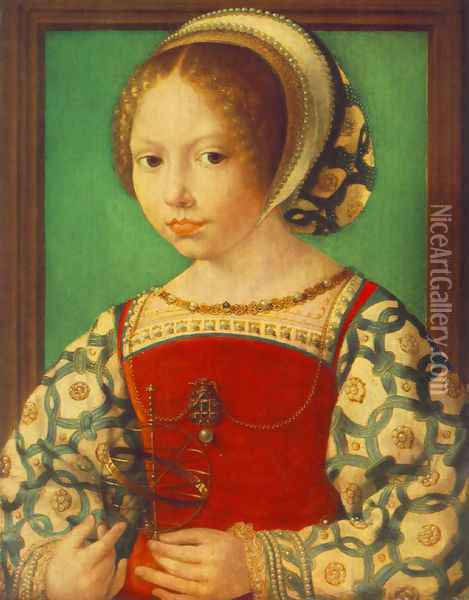 Young Girl with Astronomic Instrument c. 1520 Oil Painting - Jan Mabuse