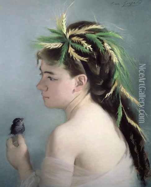 Portrait of a Girl holding a Sparrow Oil Painting - Eva Gonzales