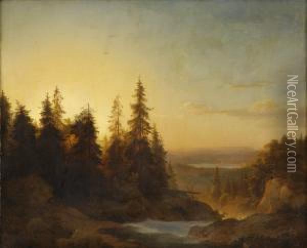 Weite, Bewaldete Seenlandschaft. Oil Painting - Andreas Achenbach