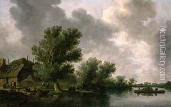 River Landscape with a Ferry Oil Painting - Jan van Goyen
