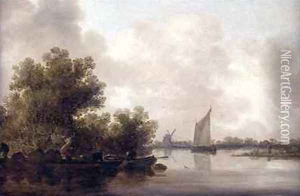 Wooded River Landscape with Fishermen Oil Painting - Jan van Goyen