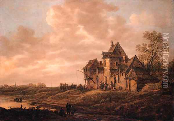 Travellers at an inn by a river with peasants and a washerwoman nearby, at sunset, on a cloudy day Oil Painting - Jan van Goyen