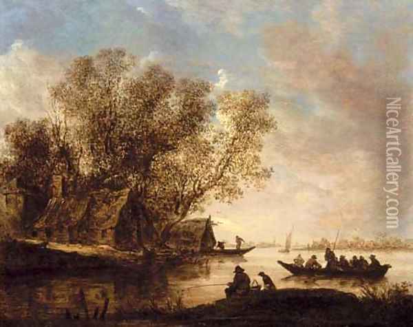 A river landscape with fishermen and a cottage on the bank Oil Painting - Jan van Goyen