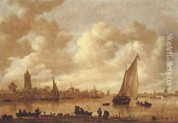 A view of Gorinchem with shipping on the Rhine in the foreground Oil Painting - Jan van Goyen