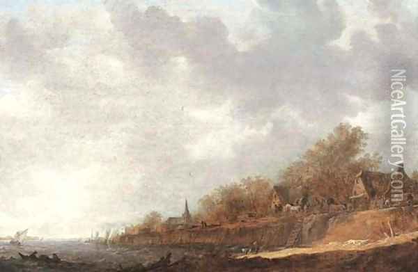 A village at the banks of a river Oil Painting - Jan van Goyen