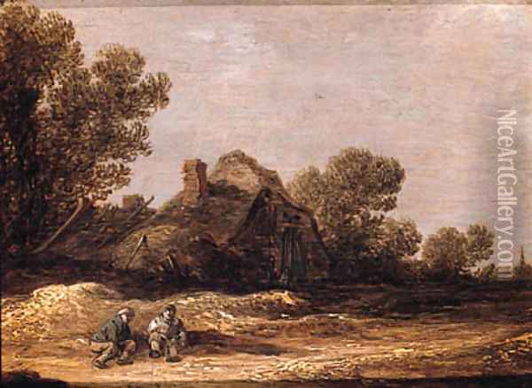 Peasants resting on a track by a farm - a fragment Oil Painting - Jan van Goyen