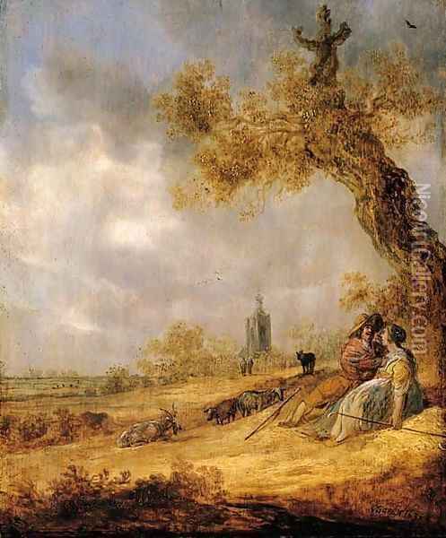 A landscape with a shepherd and shepherdess, a church beyond Oil Painting - Jan van Goyen