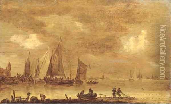 An estuarine landscape with fishermen drawing in nets in the foreground, boats by a jetty beyond Oil Painting - Jan van Goyen