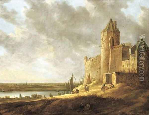 An extensive river landscape with peasants by a castle Oil Painting - Jan van Goyen