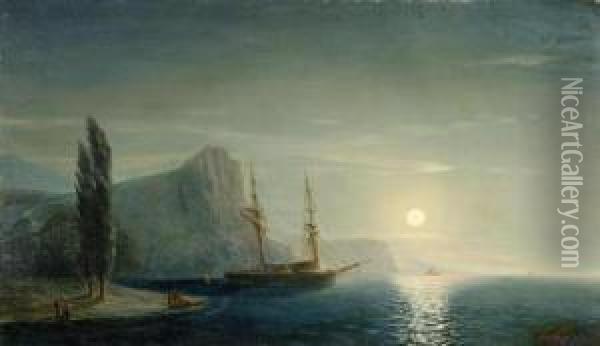 Coastal Landscape With Sailing Ship In The Moonlight Oil Painting - Ivan Konstantinovich Aivazovsky