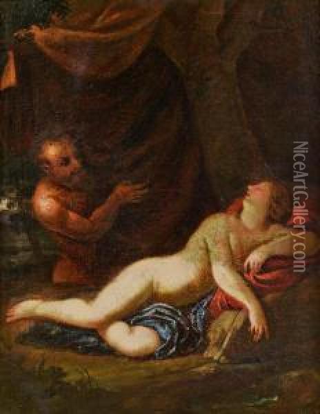 Schlafende Nymphe Von Einem Faun Beobachtet Oil Painting - Francesco Albani