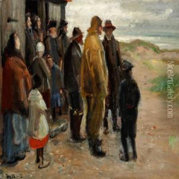 Fishermen, Fishermen's Wifes And Children In Front Of A House On Skagen Beach Oil Painting - Michael Ancher