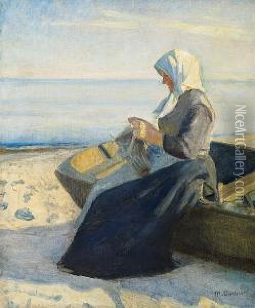A Fisherwoman From Skagen Knitting On The Beach Oil Painting - Michael Ancher