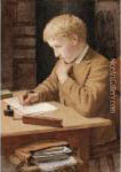 Schreibender Knabe, 1905
Boy Writing, 1905 Oil Painting - Albert Anker