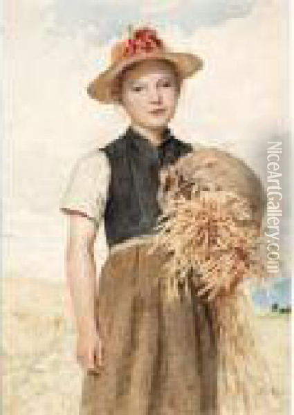 Girl With Sheaves Oil Painting - Albert Anker