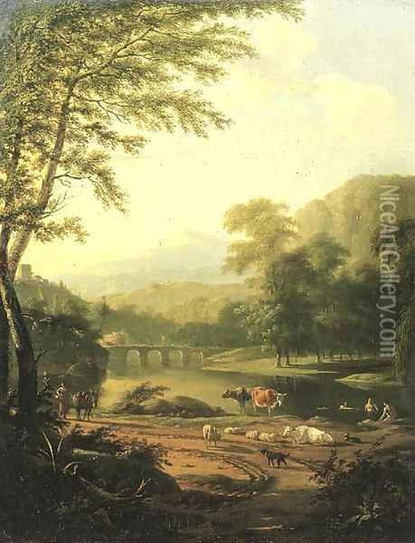 An Italiante river landscape, with a peasant woman returning from a market Oil Painting - Barend Gael or Gaal