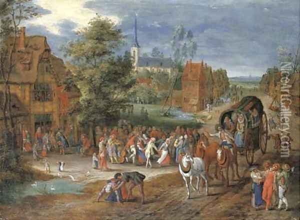 A village kermesse with a horse-drawn cart in the foreground Oil Painting - Pieter Gysels