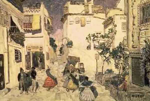 A Street in Seville sketch for the stage set for Bizets opera Carmen Oil Painting - Aleksandr Jakovlevic Golovin