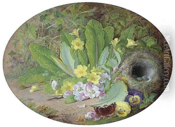 Primulas, pansies, apple blossom, butterflies and a bird's nest with eggs, on a mossy bank Oil Painting - George Goodman