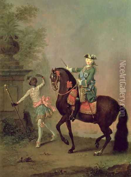 Portrait of Empress Elizabeth Petrovna 1709-62 on Horseback with a Negro Boy Oil Painting - Georg Christoph Grooth