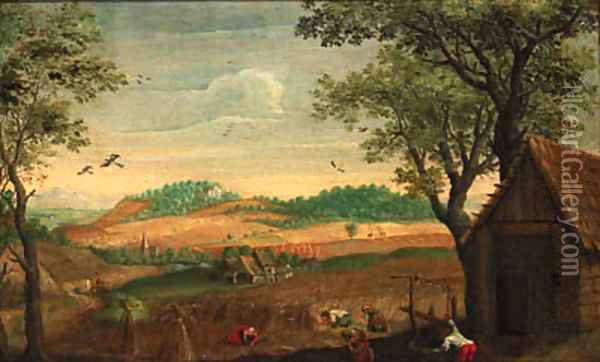 A harvest landscape with peasants toiling in a field, a farmstead beyond Oil Painting - Abel Grimmer