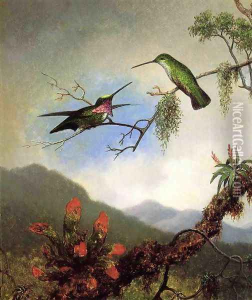 Amethyst Hummingbirds And Red Flowers Oil Painting - Martin Johnson Heade